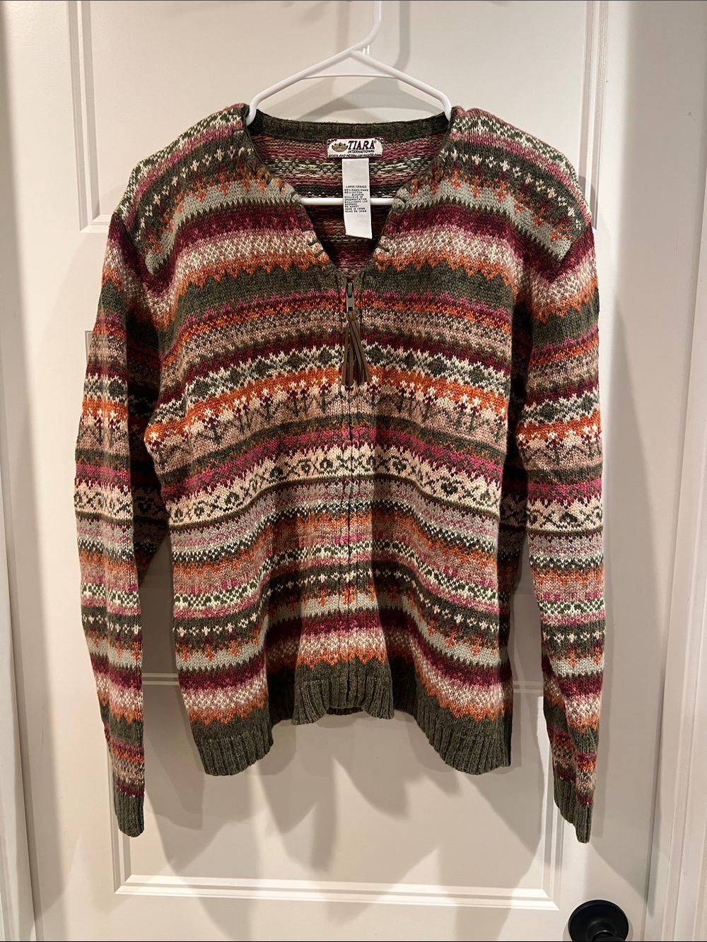 Tiara Olive Green Multi-Stripe Fair Isle Zip Sweater